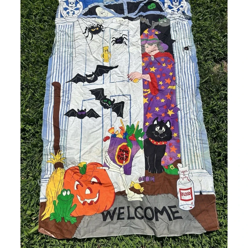 Halloween Decor Fabric Door Panel Tapestry Witch Bats Spider Jack O' Lantern VTG